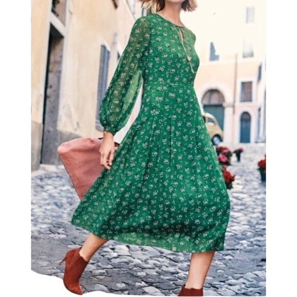 Boden Ada Midi Dress Green Floral With Puff Sleeves keyhole Neckline UK 6P US 2P - Picture 14 of 15